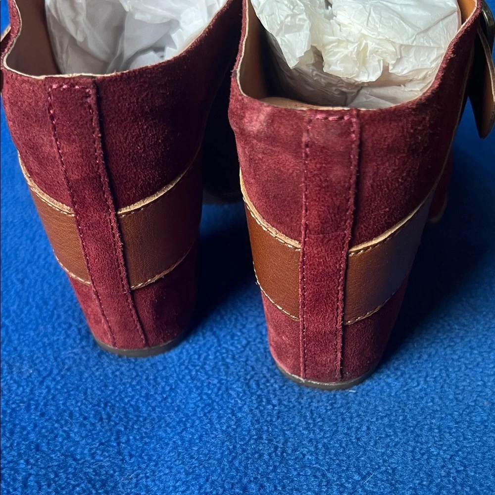 Korks Burgundy and Tan Suede Mules with Buckle - Picture 4 of 5